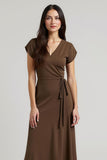 Brown A Line Satin V-Neck Semi Formal Dress with Sash