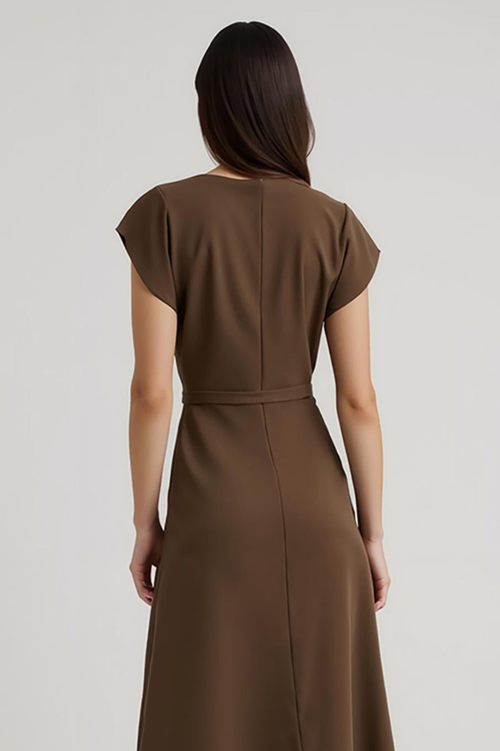 Brown A Line Satin V-Neck Semi Formal Dress with Sash