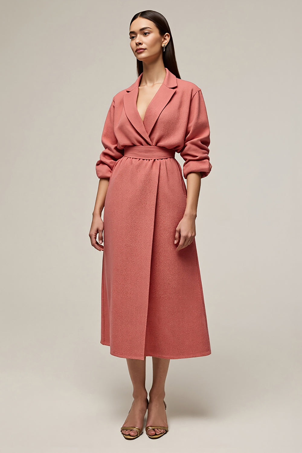 Coral A Line Notched Lapel Tea Length Work Dress with Sleeves