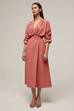 Coral A Line Notched Lapel Tea Length Work Dress with Sleeves