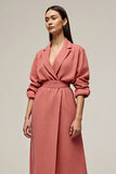 Coral A Line Notched Lapel Tea Length Work Dress with Sleeves