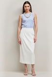 White Blue Bodycon Striped Tea Length Work Dress with Slit
