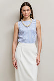 White Blue Bodycon Striped Tea Length Work Dress with Slit