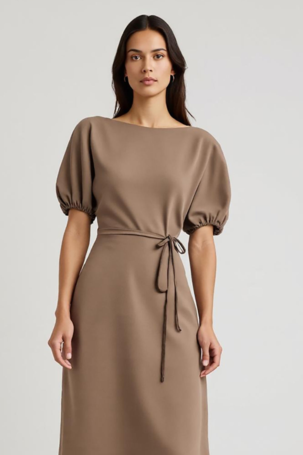 Coffee A Line Bateau Neck Tea Length Formal Dress with Sleeves