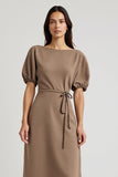 Coffee A Line Bateau Neck Tea Length Formal Dress with Sleeves