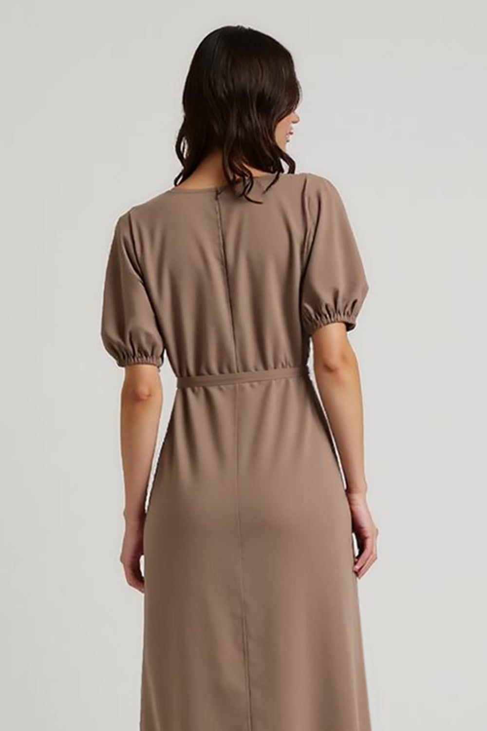 Coffee A Line Bateau Neck Tea Length Formal Dress with Sleeves