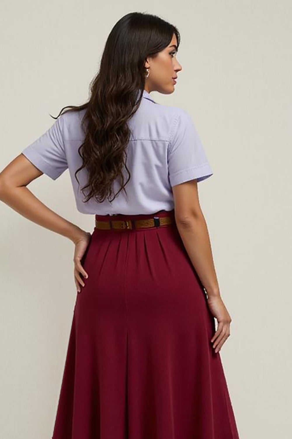 Burgundy A-Line 2-Piece Work Dress with Polo Collar
