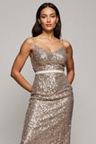 Sparkly Golden Bodycon Spaghetti Straps Long Work Dress with Sequins