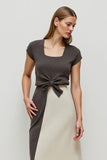 Coffee A-Line Square Neck Work Dress with Sleeves