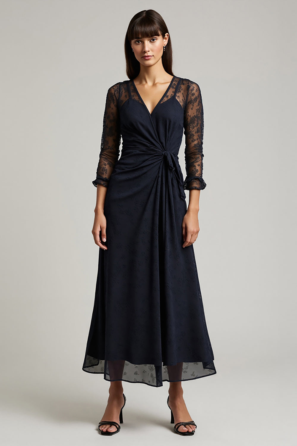 Navy A-Line V-Neck Appliques Work Dress with Sleeves