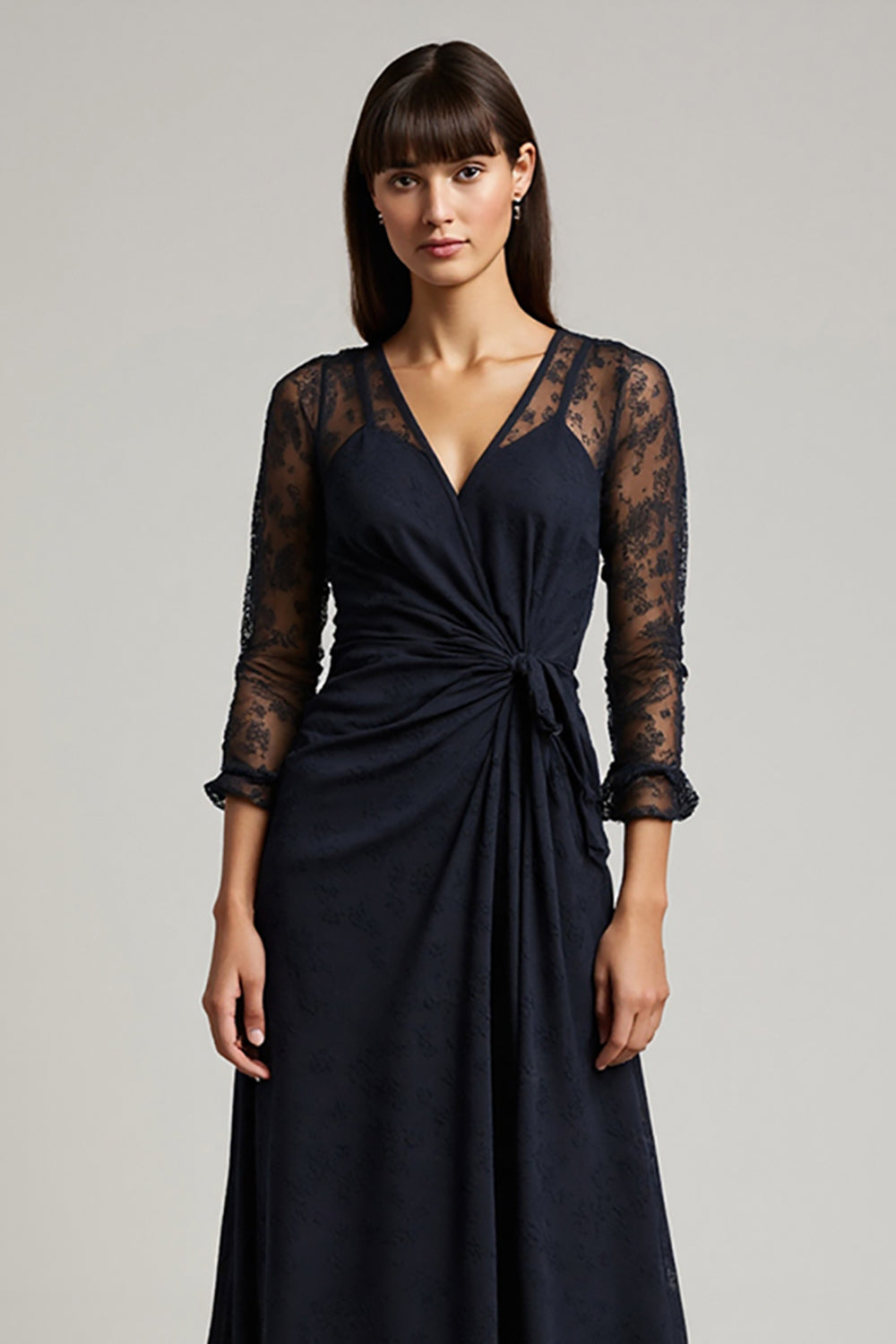 Navy A-Line V-Neck Appliques Work Dress with Sleeves