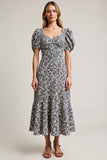 White Black Flower Printed A-Line Square Neck Work Dress with Puff Sleeves