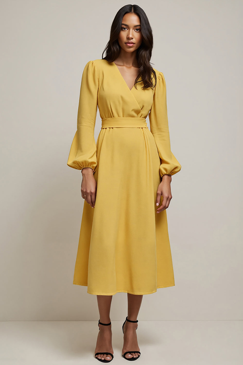 V Neck A Line Yellow Midi Work Dress