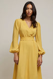 V Neck A Line Yellow Midi Work Dress