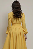 V Neck A Line Yellow Midi Work Dress