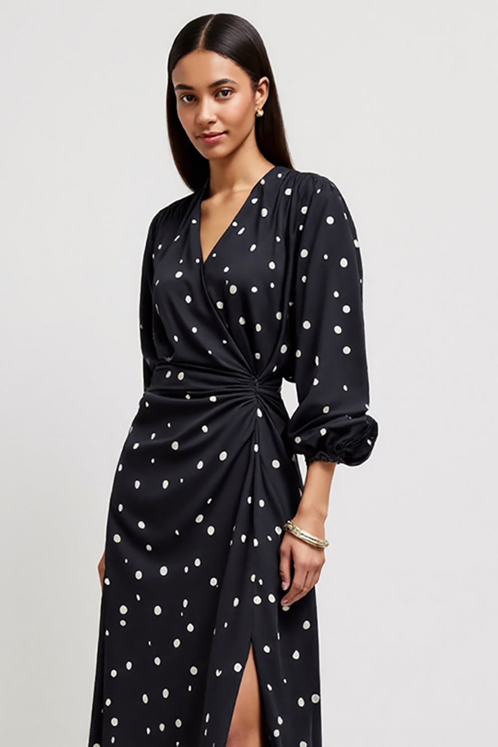 Polka Dots V Neck Sheath Black Work Dress
