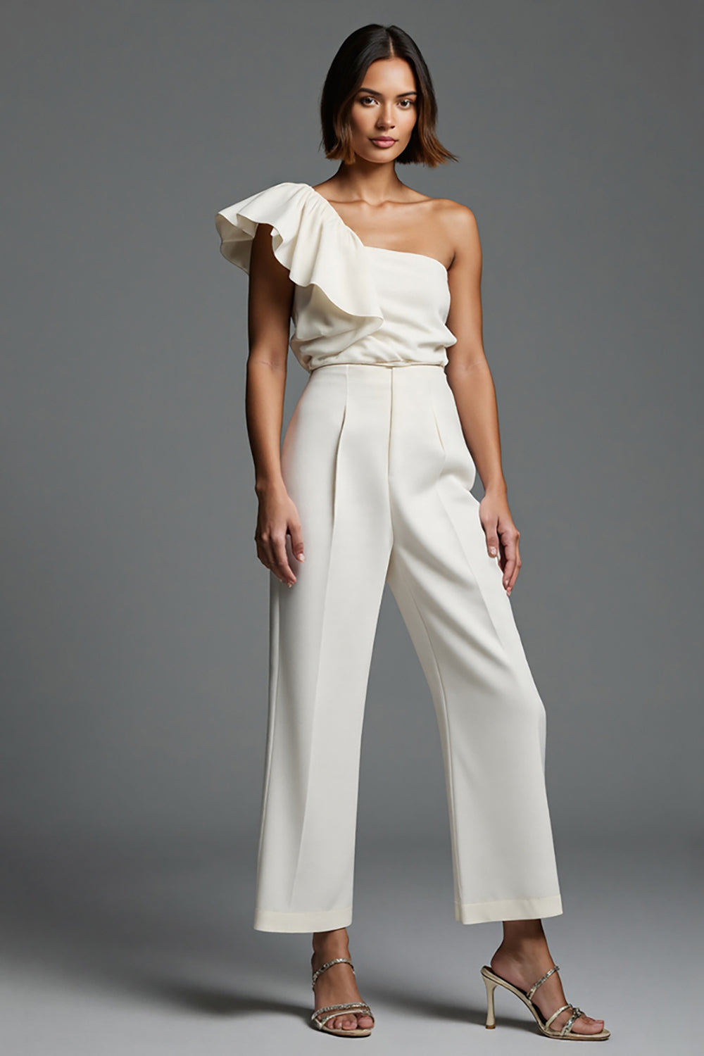 One Shoulder Ruffled 2 Piece Ivory Work Jumpsuits