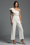 One Shoulder Ruffled 2 Piece Ivory Work Jumpsuits