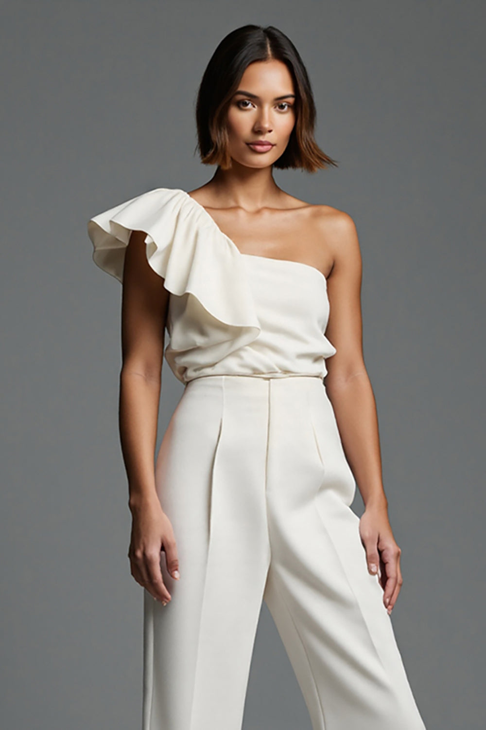 One Shoulder Ruffled 2 Piece Ivory Work Jumpsuits