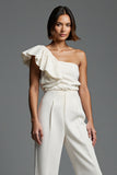 One Shoulder Ruffled 2 Piece Ivory Work Jumpsuits