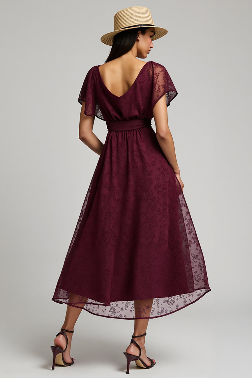 Burgundy A Line Lace Midi Work Dress