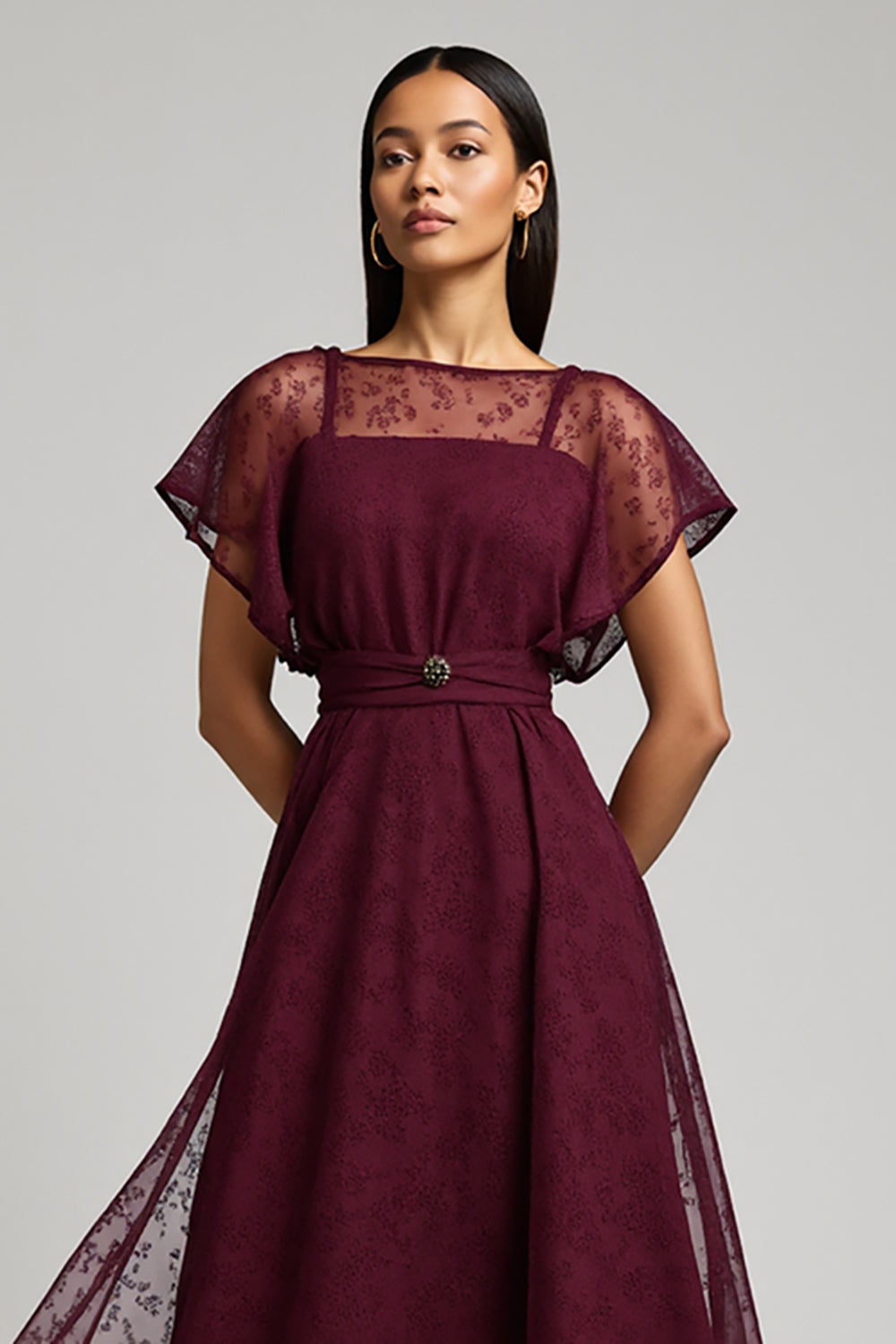 Burgundy A Line Lace Midi Work Dress