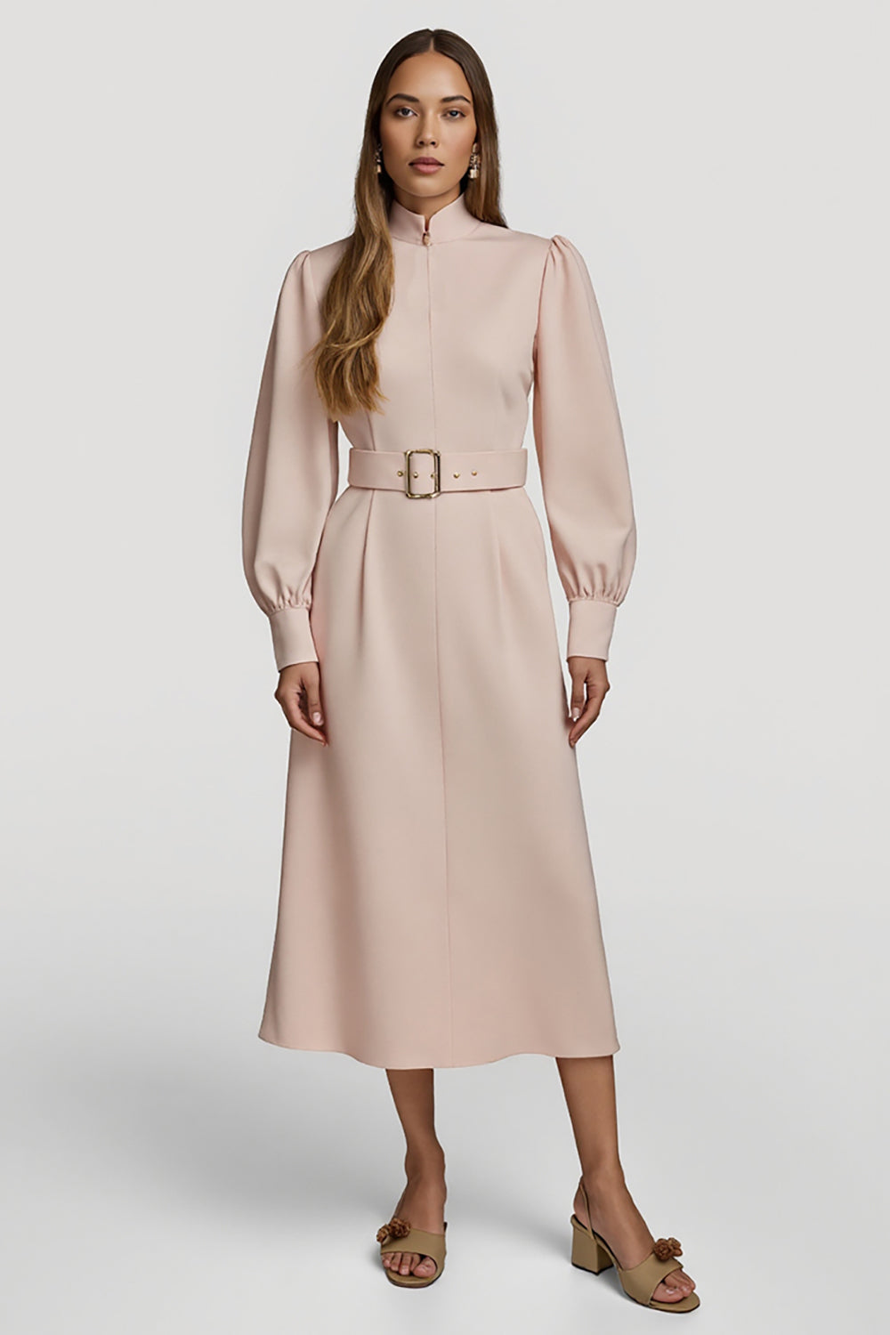 High Neck Grey Pink A Line Work Dress with Belt