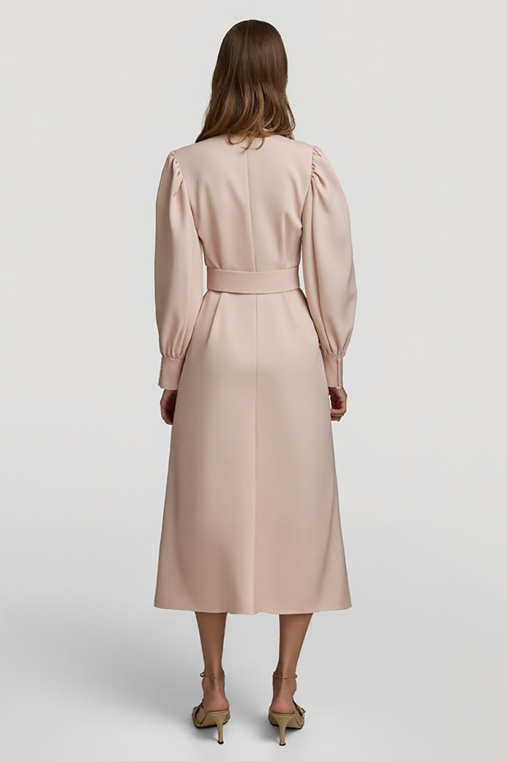 High Neck Grey Pink A Line Work Dress with Belt