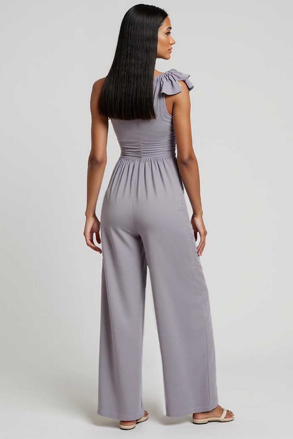 Gery Purple Ruched 3D Flower One Shoulder Work Jumpsuits