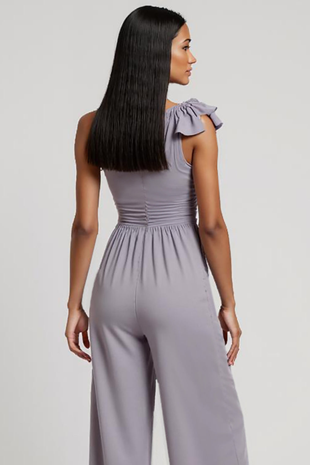 Gery Purple Ruched 3D Flower One Shoulder Work Jumpsuits