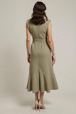Ruffled Hem Grey Green V Neck Work Dress