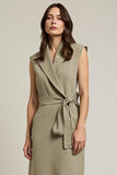 Ruffled Hem Grey Green V Neck Work Dress