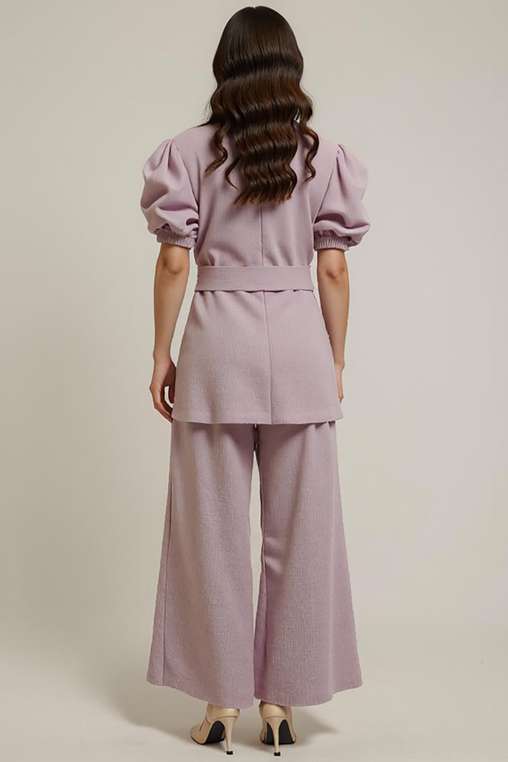 Grey Pink 2 Piece V Neck Work Dress with Belt