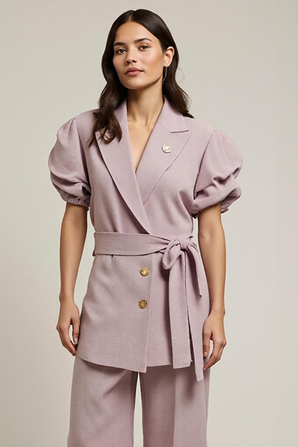 Grey Pink 2 Piece V Neck Work Dress with Belt