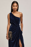 Navy Velvet One Shoulder Ruched Work Dress with Slit