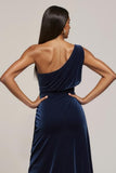 Navy Velvet One Shoulder Ruched Work Dress with Slit