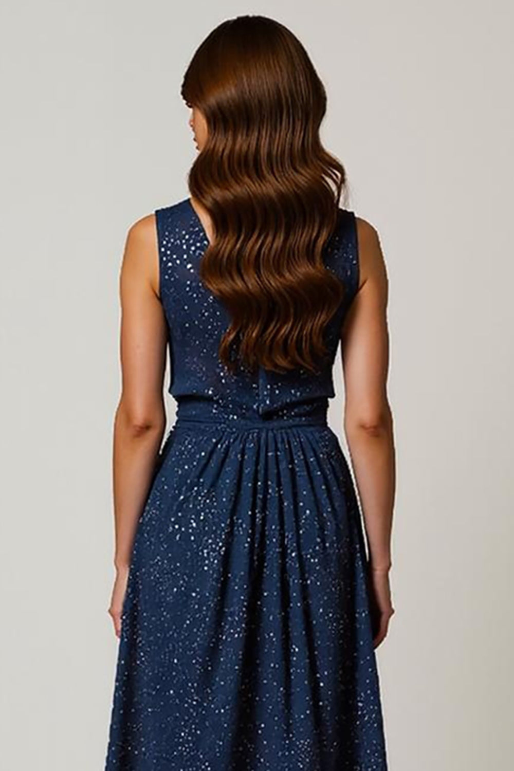 Sparkly V Neck A Line Navy Ruched Work Dress