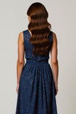 Sparkly V Neck A Line Navy Ruched Work Dress