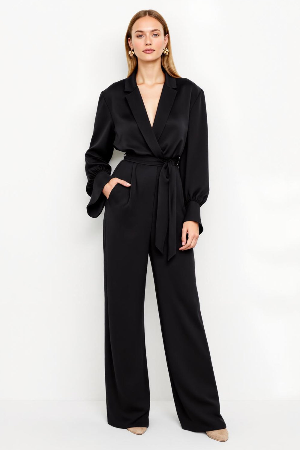 Black Notched Lapel Jumpsuit with Belt