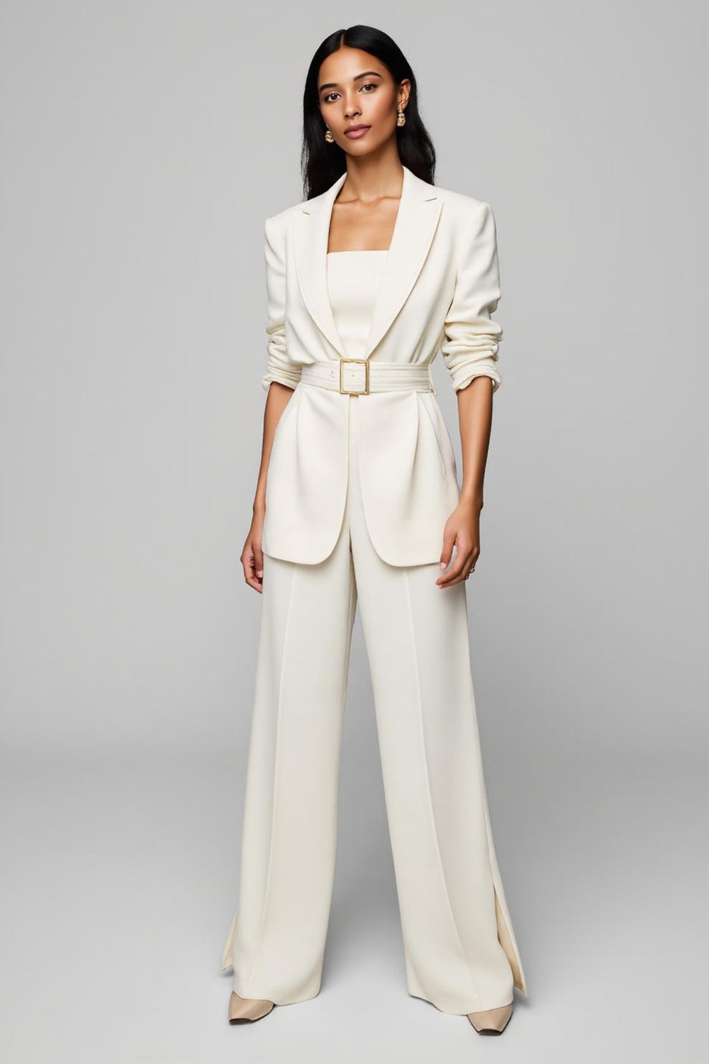 Ivory 2 Piece Peak Lapel Half Sleeves Women Suits with Belts