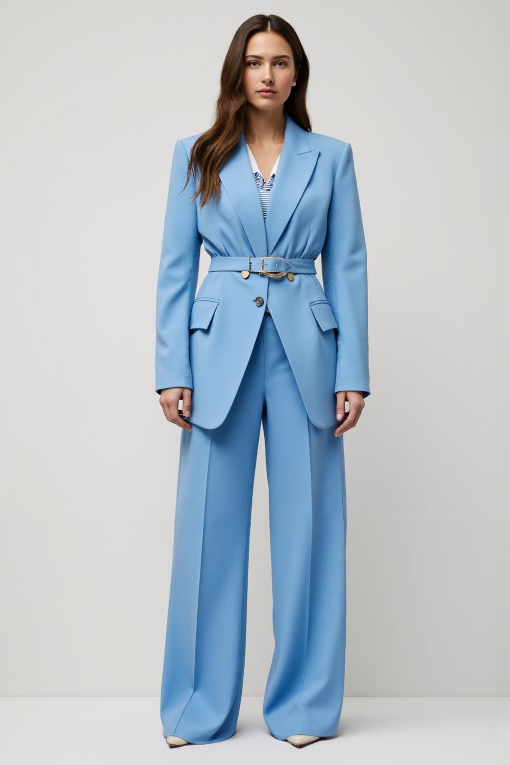 Blue 2 Piece Peak Lapel Women Suits with Belt