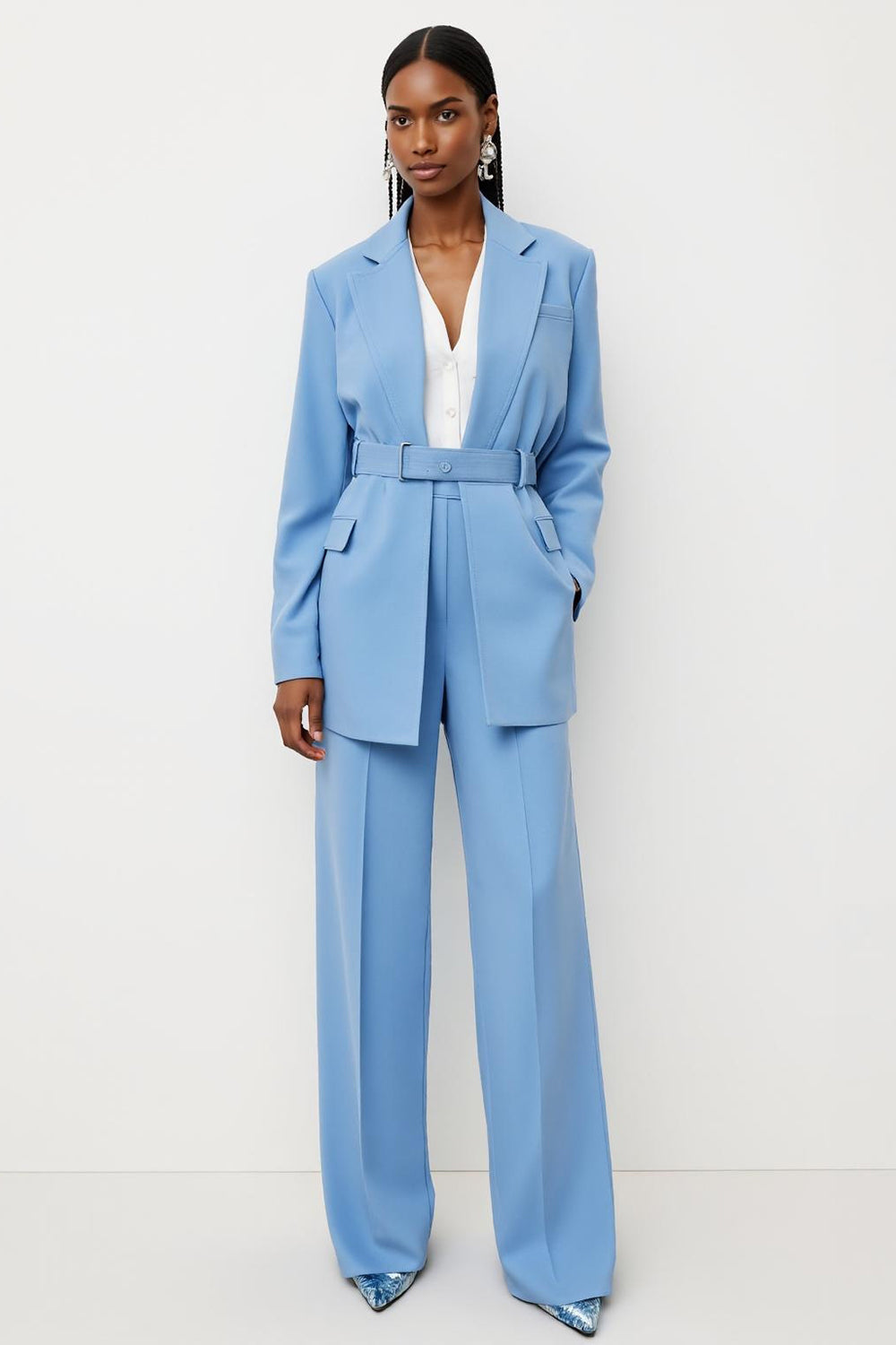 Blue 2 Piece Notched Lapel Women Suits with Belt