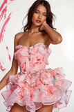 Pink Floral Corset Short Homecoming Dress with Ruffles