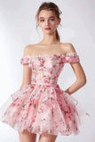 Pink Floral Tulle Off the Shoulder Short Homecoming Dress with Ruffles