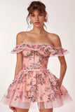 Pink Floral Corset Ruffled Short Homecoming Dress