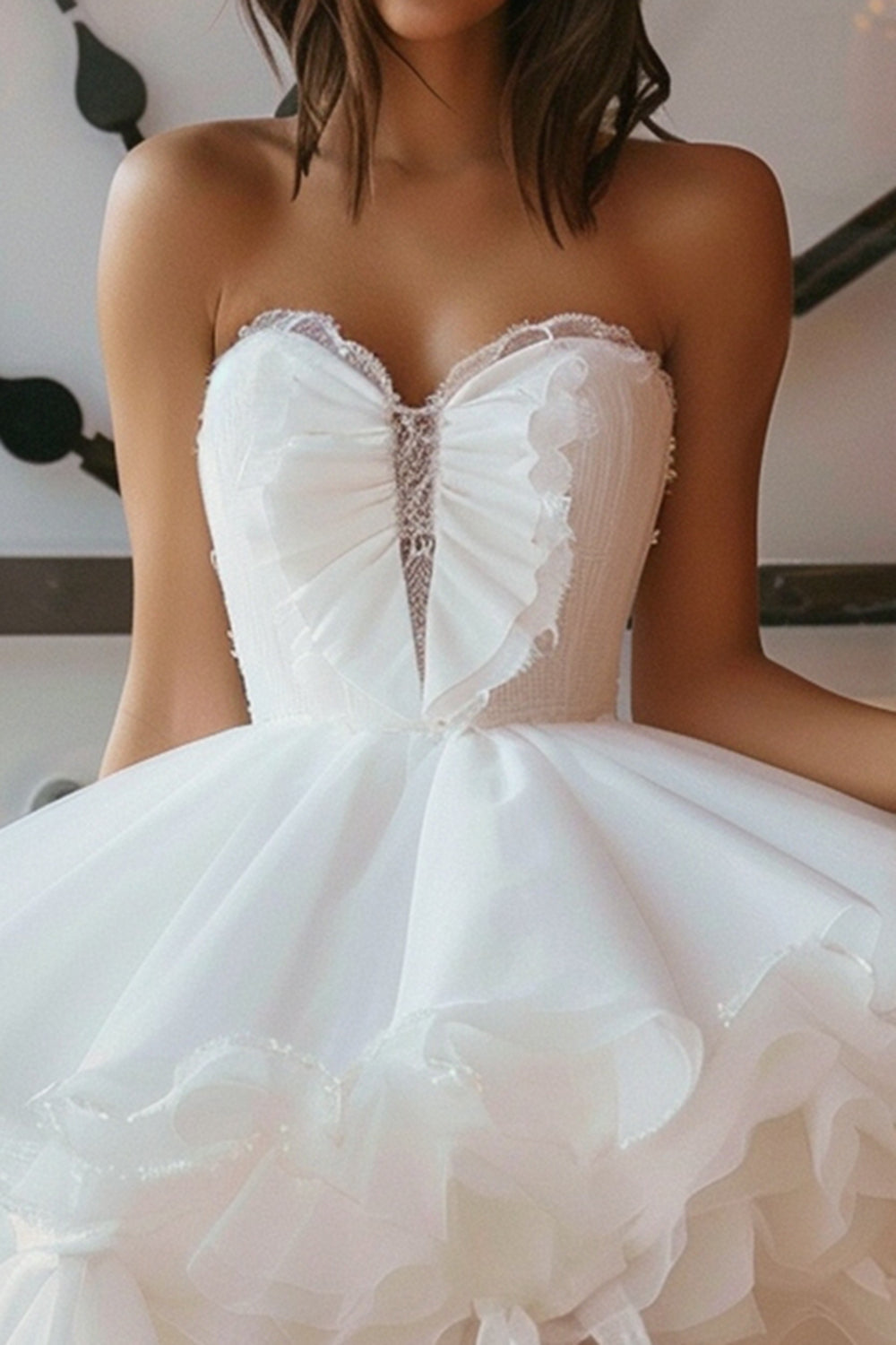 White Strapless A Line Homecoming Dress with Ruffles