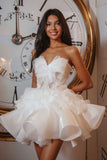 White Ruffled A Line Strapless Short Homecoming Dress