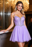 Chiffon A Line Spaghetti Straps Short Purple Homecoming Dress with Rhinestone