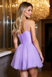 Chiffon A Line Spaghetti Straps Short Purple Homecoming Dress with Rhinestone