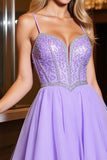Chiffon A Line Spaghetti Straps Short Purple Homecoming Dress with Rhinestone
